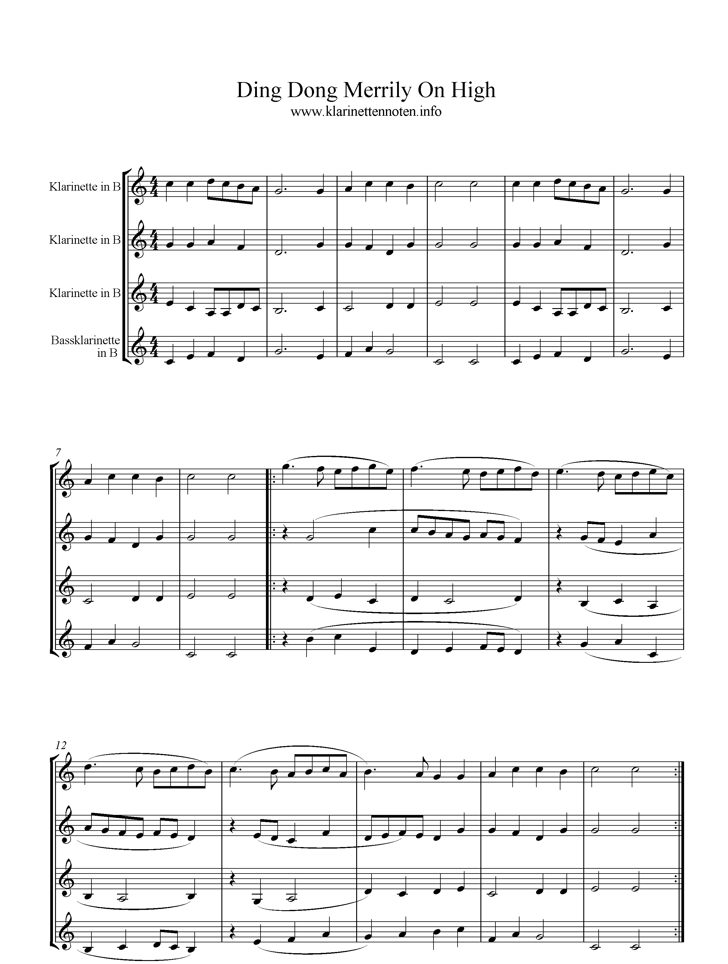 Ding Dong Merrily On High, Quartet, sheetmusic; Clarinet